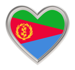 Eritrea flag in silver heart isolated on white background. 3D illustration.