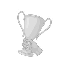 Hand with winner cup icon in black monochrome style on a white background vector illustration