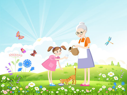 Girl, grandmother and cat drinking milk on a beautiful summer landscape with butterflies and dragonflies. Vector illustration.