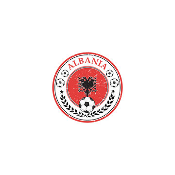 Printable grunge Albania football label, containing a soccer ball and the Albanian flag. Print colors used