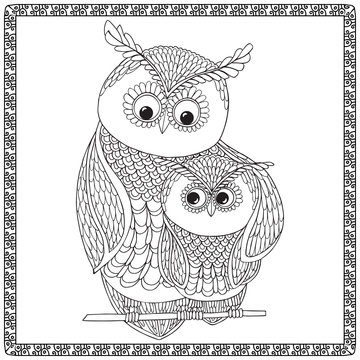 Coloring book for adult and older children. Coloring page with cute decorative owl