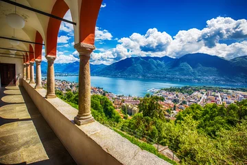 Photo sur Plexiglas Europe centrale Beautiful view to Locarno city, lake Maggiore (Lago Maggiore) and Swiss Alps from Madonna del Sasso Church in Ticino, Switzerland.