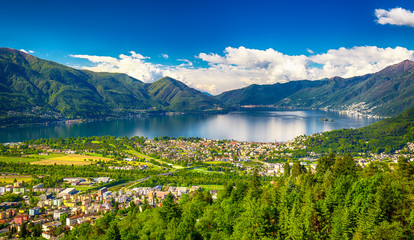View to Locarno city and Lago Maggiore from Cardada mountain, Swiss Alps,  Ticino, Switzerland