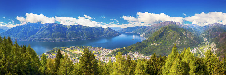 Fototapeta na wymiar Panoramatic view to Locarno city and Lago Maggiore from Cardada mountain, Ticino, Switzerland