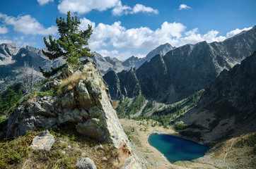 Lower lake of Aver in the valley of Riofreddo, in Italy, seen from a nearby peak