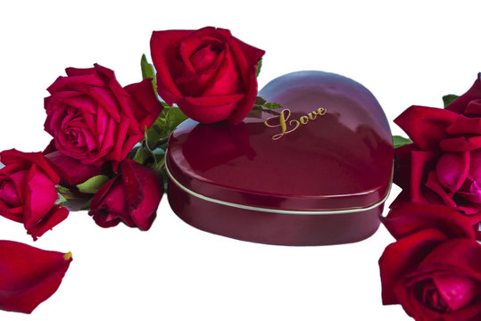 Valentine composition with red roses and red gift box in form of heart isolated on a white background