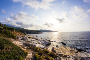 Fototapeta premium Aegean seashore and marble rocks in Aliki, Thassos island, Greece