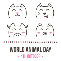 World animal day vector card with doodle cat, dog, pig, cow on white background.