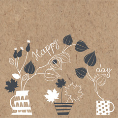 Happy day. Vector illustration with bouquets on kraft paper. 
