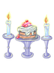 Birthday cake with cherries on the table with candles on stand drawn by pencil, marker and watercolor