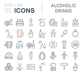 Naklejka premium Set Vector Flat Line Icons Alcoholic Drinks