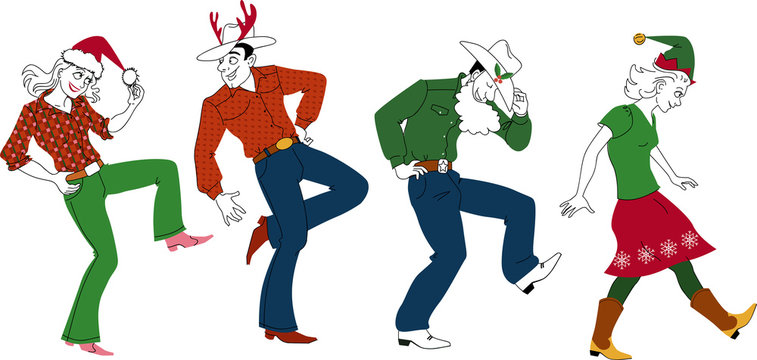 People dancing country western at a Christmas party, EPS 8 vector illustration