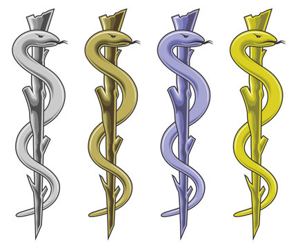Medical Symbol - Rod of Asclepius is an illustration of the medical symbol in silver, gold, blue and yellow.