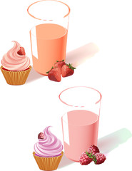 
The illustration shows raspberry and strawberry yogurt in a glass, fruit and cake. Made isolated on white background, on separate layers.
