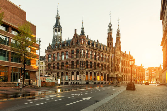 Dam Square In Morning At Amsterdam, Netherlands