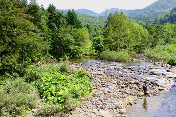 Fototapeta na wymiar People fishing in Hokkaido mountain stream