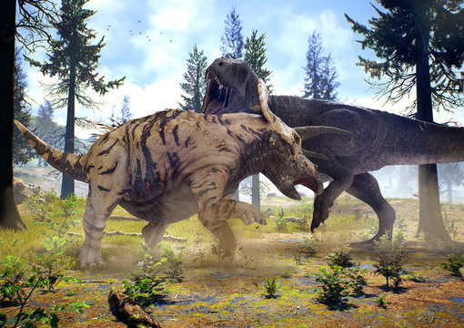 3D rendering of Tyrannosaurus Rex facing off against a Triceratops in Hell Creek about 67 million years ago.