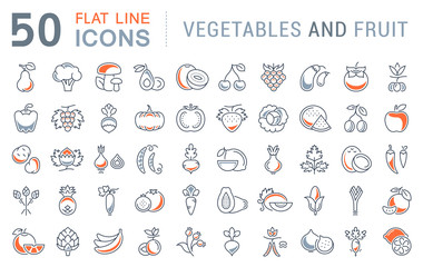 Set Vector Flat Line Icons Vegetables and Fruit