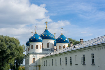 Fototapeta na wymiar St. George monastery in Novgorod region, Russia. Oldest orthodox christian churches.