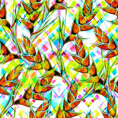 Fototapeta na wymiar Seamless floral tropical pattern. Hand painted watercolor exotic heliconia flowers on colorful geometric background. Textile design.