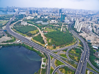 Aerial photography bird-eye view of City viaduct bridge road lan