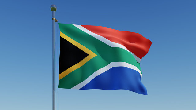 South Africa flag against blue sky, 3D illustration rendering.