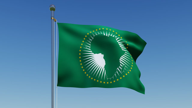 African Union flag waving on the wind against blue sky, 3D illustration rendering