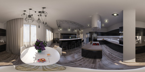 3d illustration seamless panorama of living room interior design