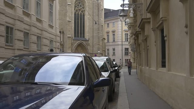Traveling in Europe, walking on historical street