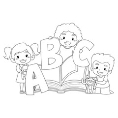 Outlined Kids Holding ABC in an open book