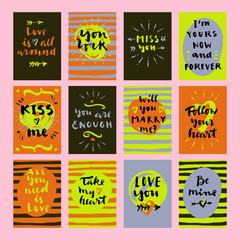 Hand drawn calligraphic Valentine's Day cards with hearts and arrows. Love is all around, Love is all you need, Be mine, You are enough, Will you marry me, Take my heart, You rock, Kiss me.
