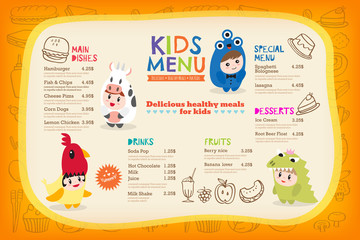 Cute colorful kids meal menu placemat with children dressing up in costumes vector template