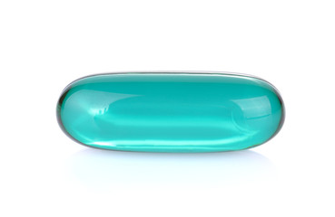 Blue Transparent pills content medicine capsule on white backgro