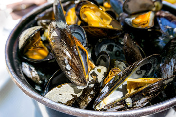 Mussel with white wine sauce on table