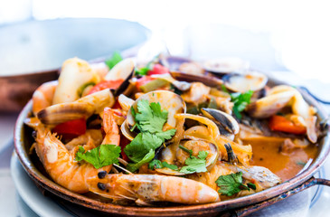 closeup mix seafood soup pot