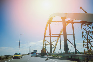Car view over the steel bridge