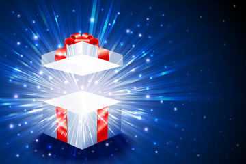 Open gift box with shining exploding firework from glitter for decoration of theme of Christmas, New Year and Birthday; Vector Background Eps10