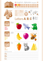 Vector illustration back to school elegant table. Alphabet ABC icon set. Letter A, B, C infographics with toy block, symbol - apple, airplane, alligator, banana, balloon, bee, carrot, cat, cheese