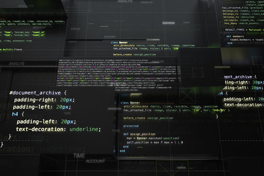 Abstract programming background with code lines and 3d rendering of random extruded square shapes. Extruded reflective surface with pieces of software developing code.
