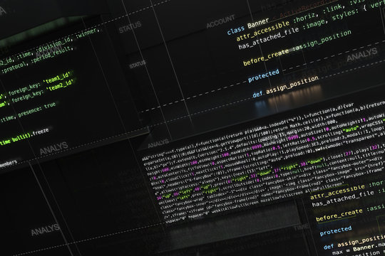 Abstract programming background with code lines and 3d rendering of random extruded square shapes. Extruded reflective surface with pieces of software developing code.
