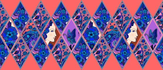 Ethnic patchwork pattern from ornamental rhombuses with female portrait, flowers, butterfly and paisley. Vector illustration.