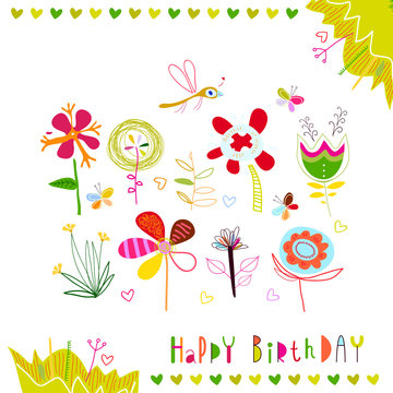 Happy Birthday. Set multicolored abstract flowers. A flower bed with flowers, butterflies and dragonfly. Cute birthday card for kids and adults.