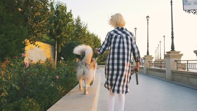 Young female walking with siberian husky dog on sea front at sunrise, slow motion