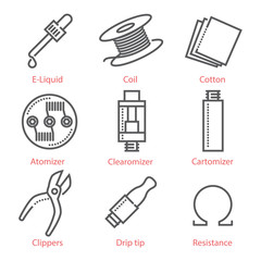 Vector thin line icons set with vaping accessories and equipment for UX UI kit and infographics