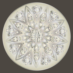 Drawing of a floral mandala with  gradient in light and dark silver colors on a gray background. Hand drawn tribal  vector stock illustration