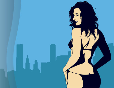 Woman near window with view on the night city, vector