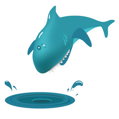 Blue shark dives into the water with a splash. Vector illustration, isolate.