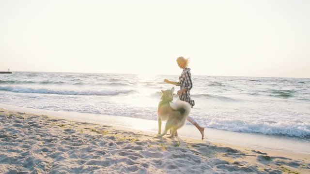 Young female running and playing with siberian husky dog on the beach at sunrise,slow motion