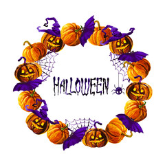 Halloween border for design. Wreath pumpkin on white.