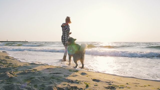 Young female running and playing with siberian husky dog on the beach at sunrise,slow motion